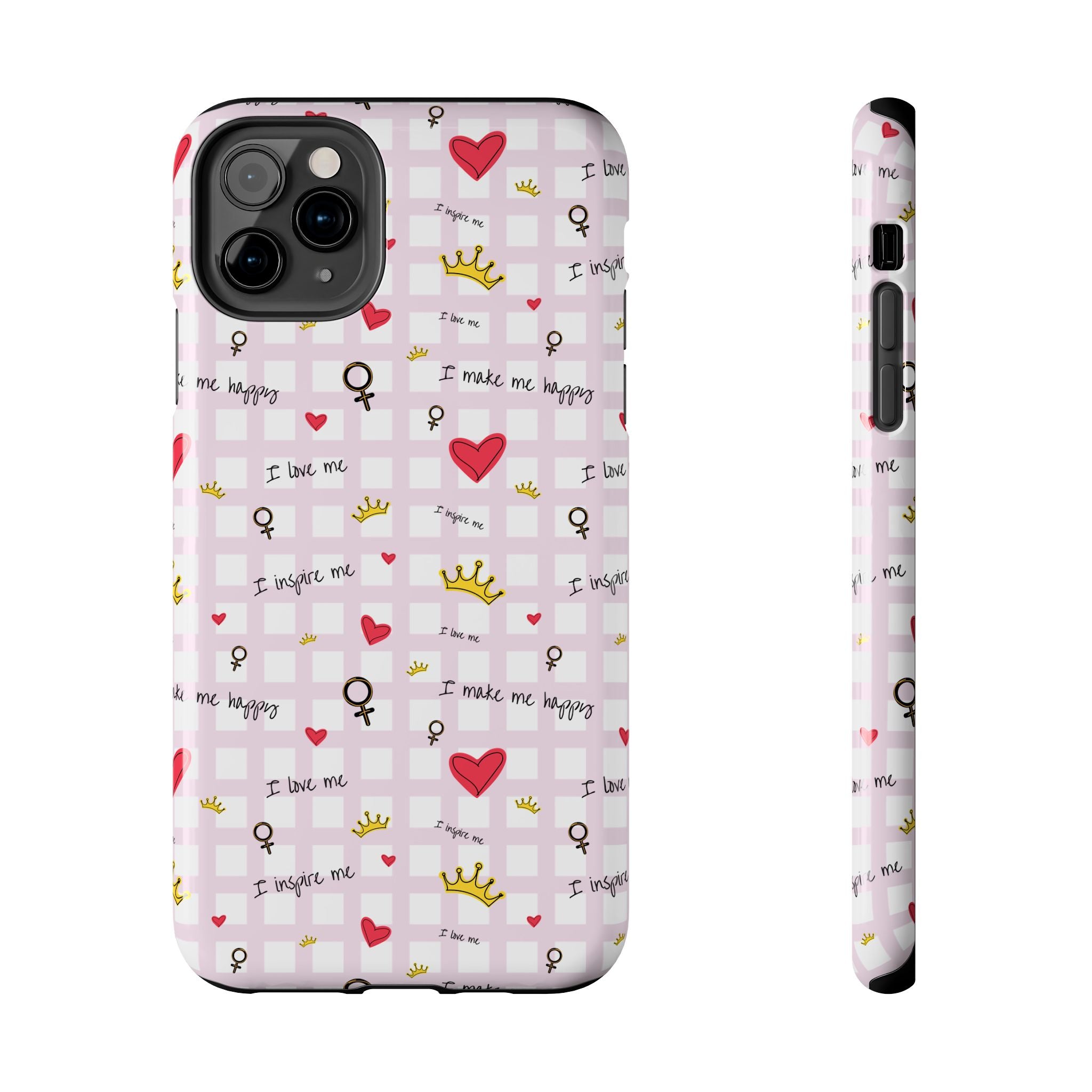 Cozy Hearts & Crowns Phone Case, Heart Design Protective Phone Cover, Crown Pattern Tough Case, Girly Phone Accessories, Valentine's Day