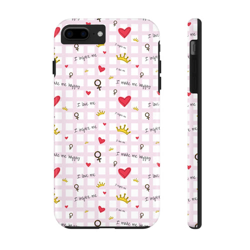 Cozy Hearts & Crowns Phone Case, Heart Design Protective Phone Cover, Crown Pattern Tough Case, Girly Phone Accessories, Valentine's Day