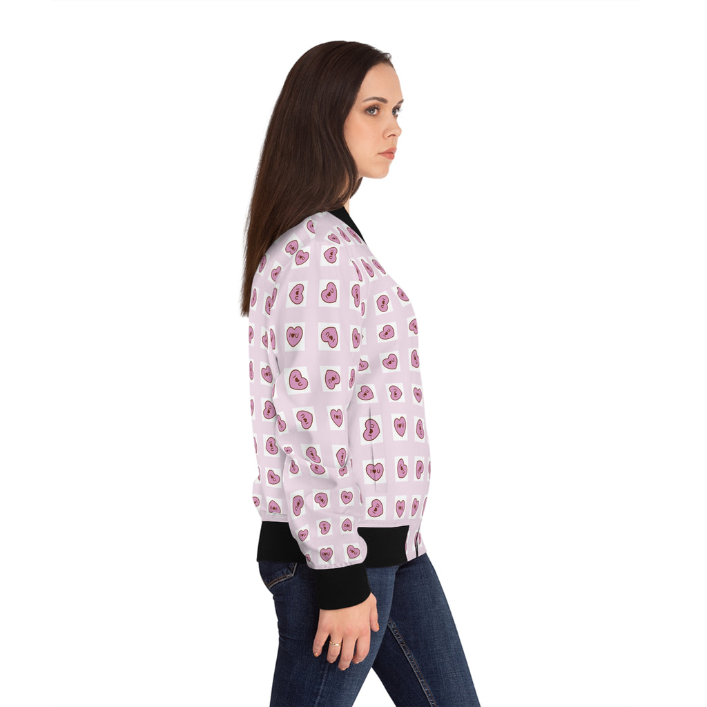 Rosa Grid Women's Bomber Jacket, I Love You Hearts, Valentine's Day Outerwear, Romantic Clothing, Pink Grid Jacket, Gift for Her