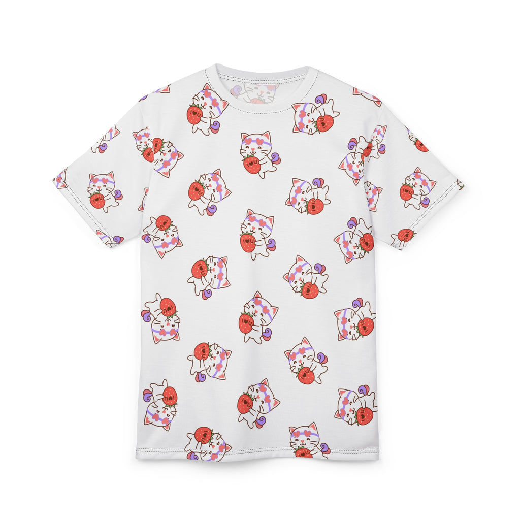 Cute Cat with Strawberry I Love you T-Shirt, Funny Cat Lover Tee, Graphic Cat Shirt, Kawaii Kitty Top, Cat and Fruit Design