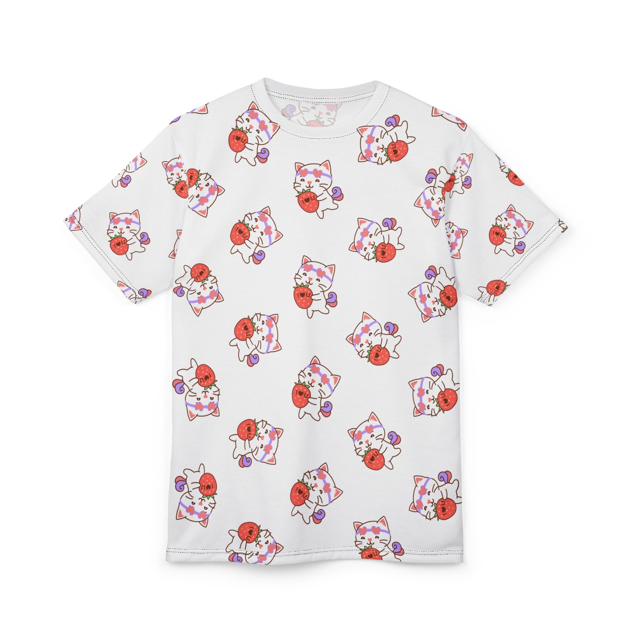 Cute Cat with Strawberry I Love you T-Shirt, Funny Cat Lover Tee, Graphic Cat Shirt, Kawaii Kitty Top, Cat and Fruit Design