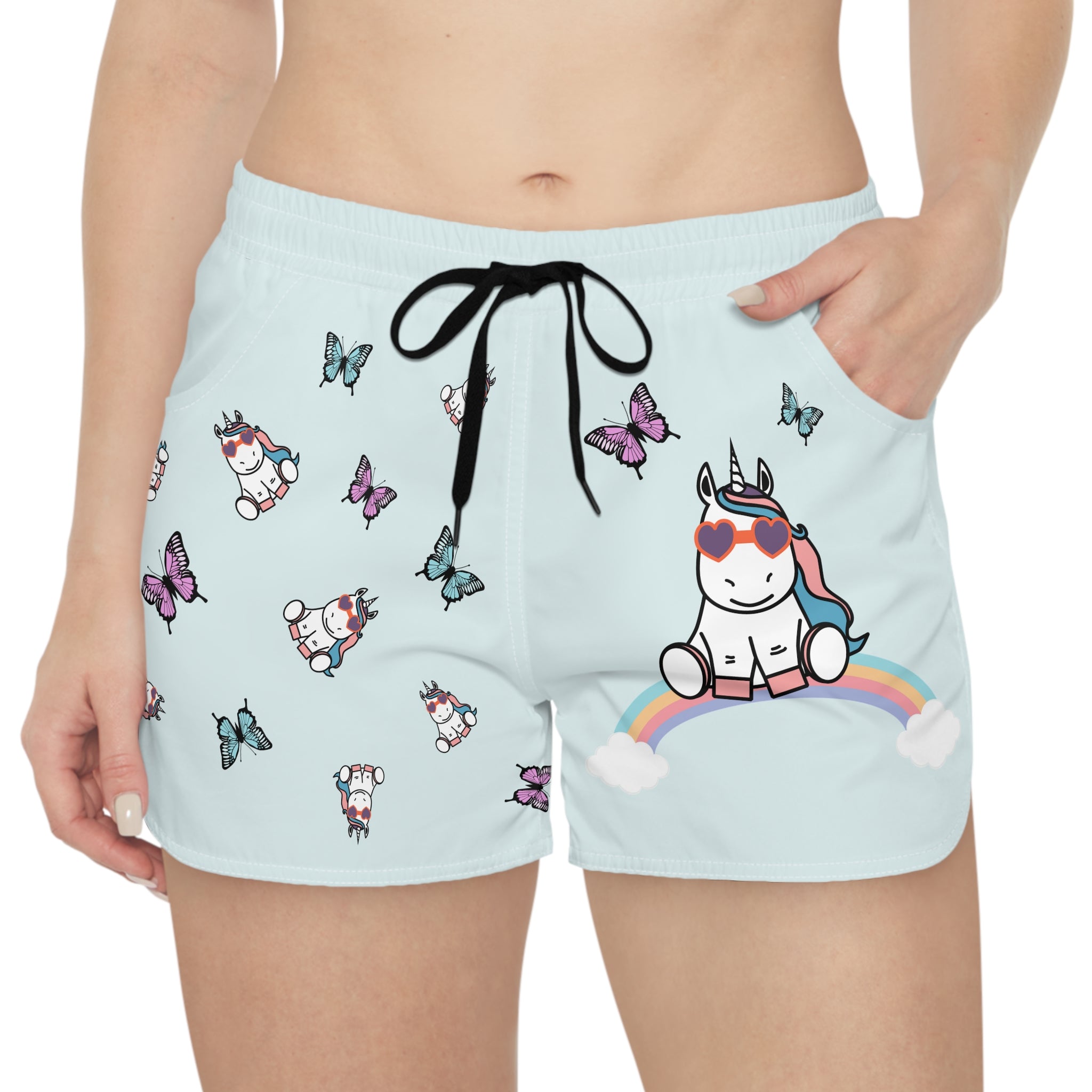 Kawaii Unicorn Shorts, Women's Lounge Wear, Cute Women's Sleepwear, Magical Pajama Bottoms, Blue Casual Shorts for Her