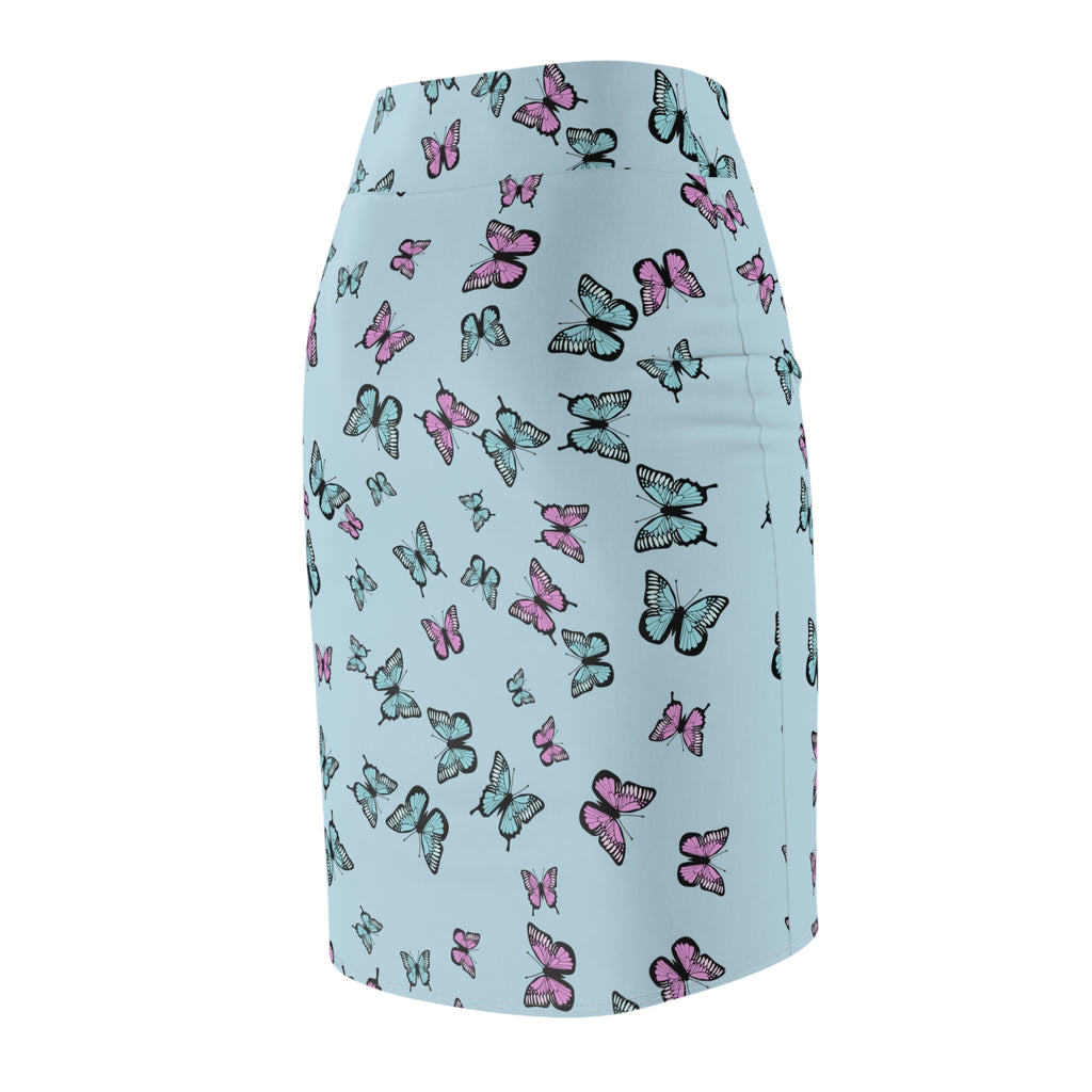 Butterfly Pattern Blue Women's Pencil Skirt - Floral Print Stretchy Midi Skirt, Summer Fashion Apparel, Cute Insect Theme Clothes, Elegant