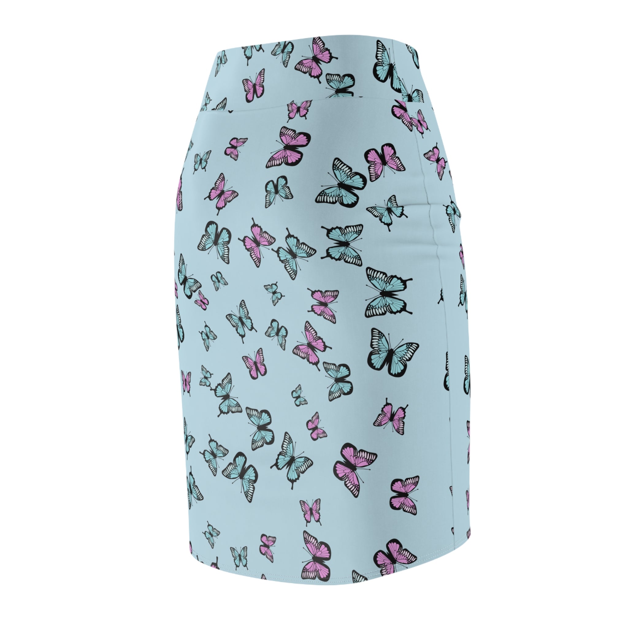 Butterfly Pattern Blue Women's Pencil Skirt - Floral Print Stretchy Midi Skirt, Summer Fashion Apparel, Cute Insect Theme Clothes, Elegant