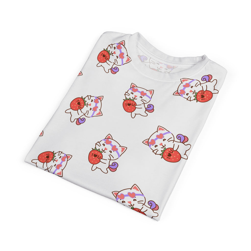 Cute Cat with Strawberry I Love you T-Shirt, Funny Cat Lover Tee, Graphic Cat Shirt, Kawaii Kitty Top, Cat and Fruit Design