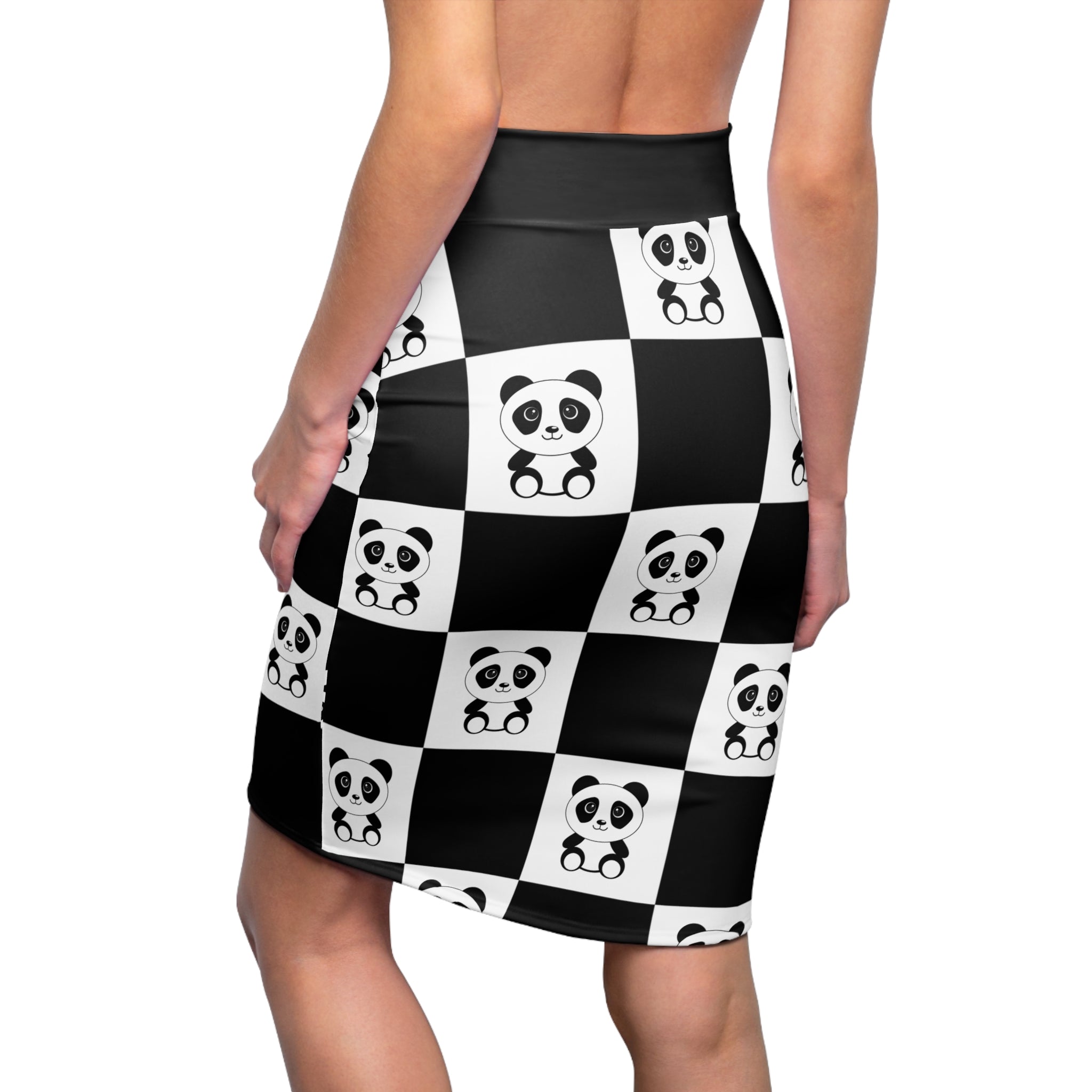 Chessboard with Cute Panda Women's Pencil Skirt, Chess Lover Outfit, Panda Lover Gift, Women's Fashion, Cute Animal Print Skirt