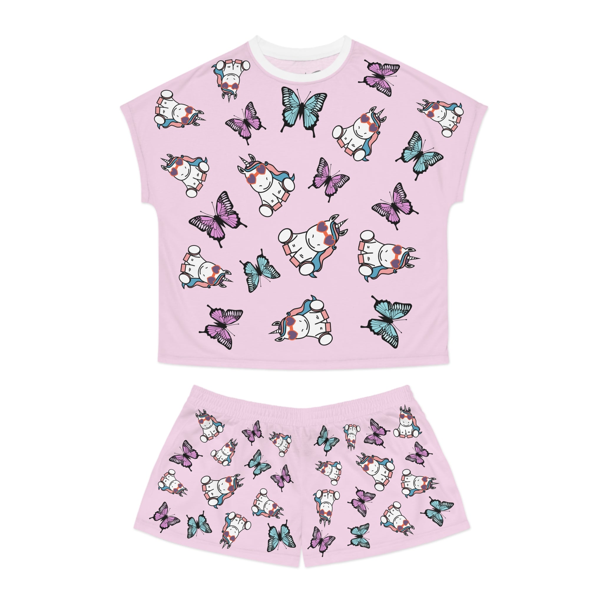 Kawaii Unicorns Short Pajamas Set, Cute Butterflies Pink PJs for Women, Loungewear Sleepwear, Summer PJ Set, Unicorn Lover Gift