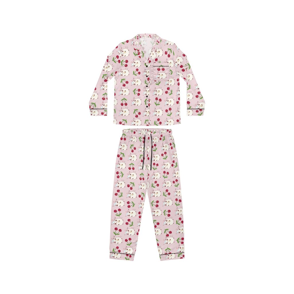 Kawaii Sleeping Bears with Cherries Pink Pajama Set, Satin PJs, Cute Sleepwear, Women's Loungewear, Gift for Her