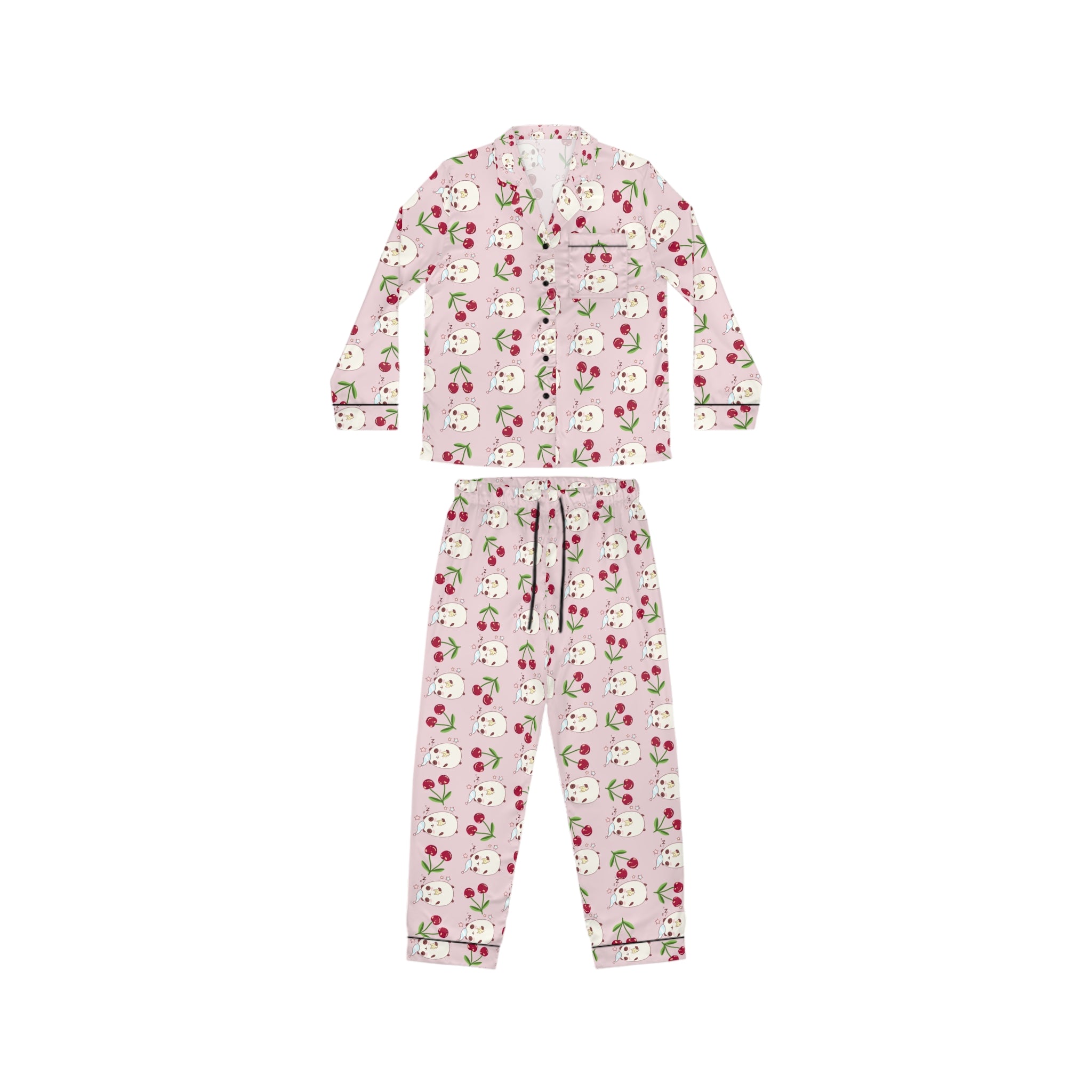 Kawaii Sleeping Bears with Cherries Pink Pajama Set, Satin PJs, Cute Sleepwear, Women's Loungewear, Gift for Her