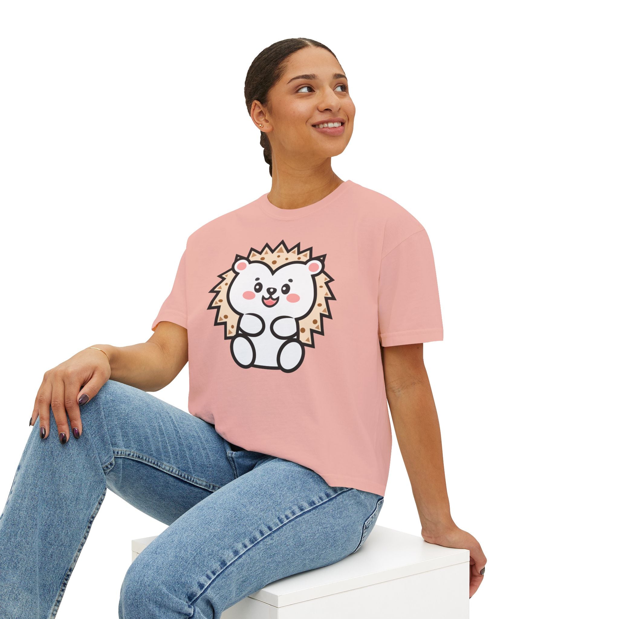 Kawaii Hedgehog Boxy Tee - Women's Graphic T-Shirt