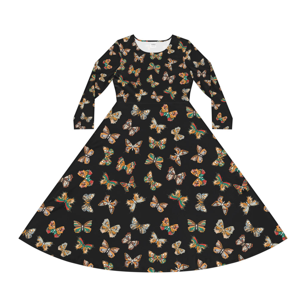 Butterflies Pattern Dance Dress, Black Women's Long Sleeve Ballroom Dancing Gown, Evening Dance Costume, Elegant Butterfly Print Dress