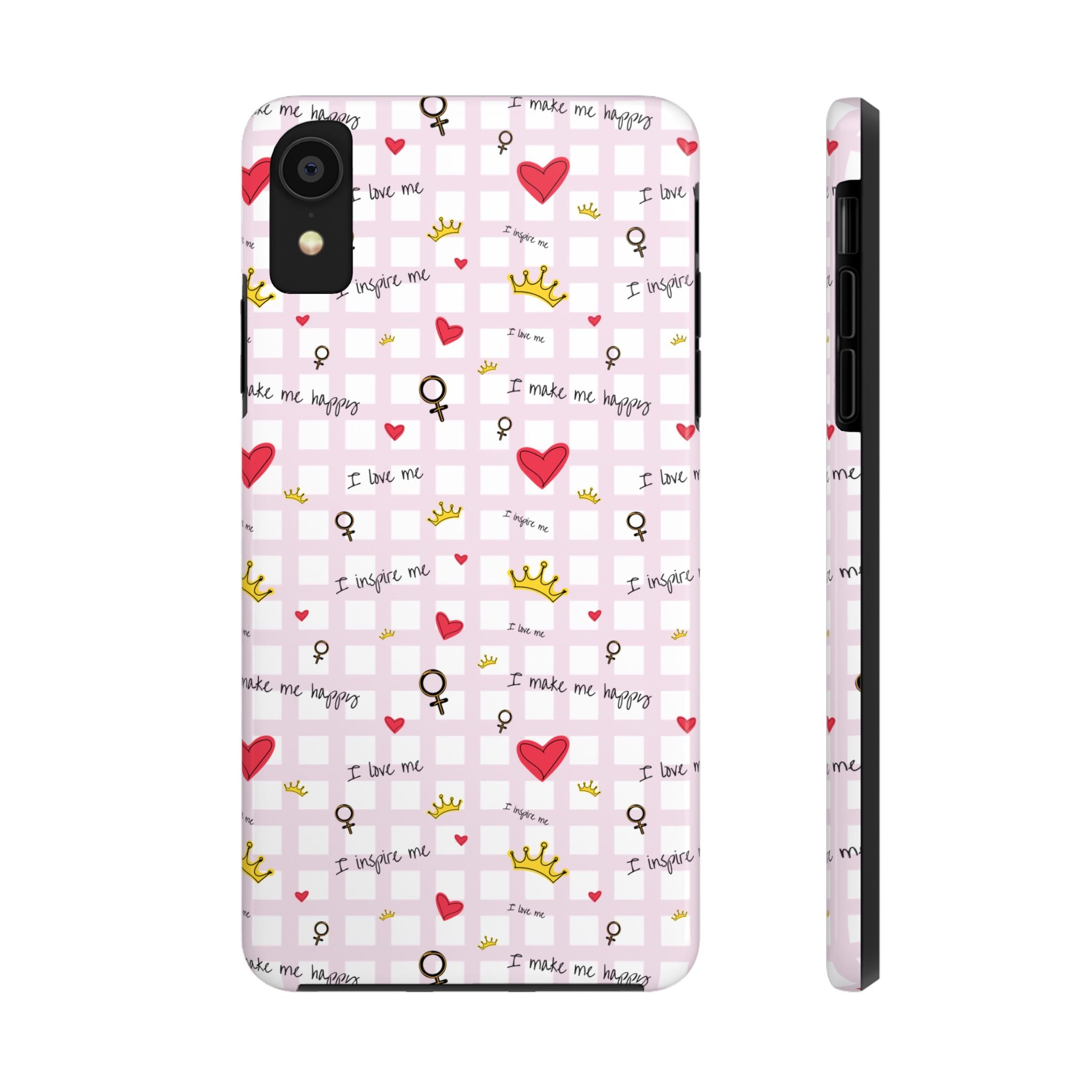 Cozy Hearts & Crowns Phone Case, Heart Design Protective Phone Cover, Crown Pattern Tough Case, Girly Phone Accessories, Valentine's Day