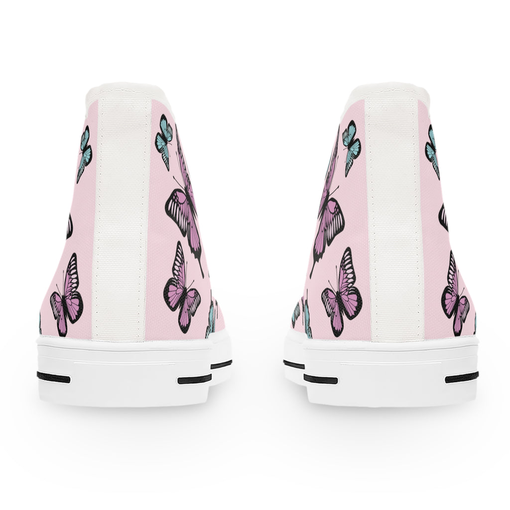 Light Pink Butterfly Pattern High Top Sneakers - Women's Fashion Shoes, Cute Pink Sneaker Boots, Butterfly Print Sneaker Shoes
