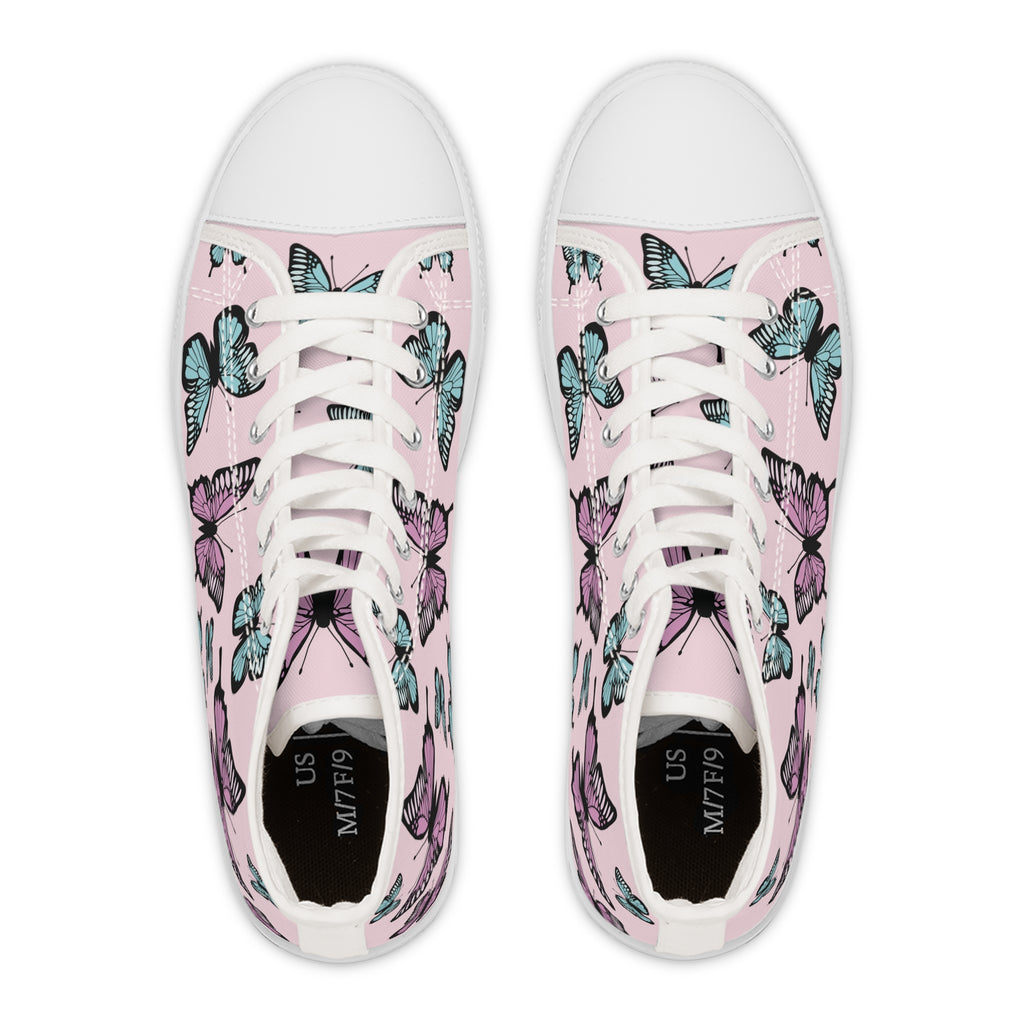 Light Pink Butterfly Pattern High Top Sneakers - Women's Fashion Shoes, Cute Pink Sneaker Boots, Butterfly Print Sneaker Shoes