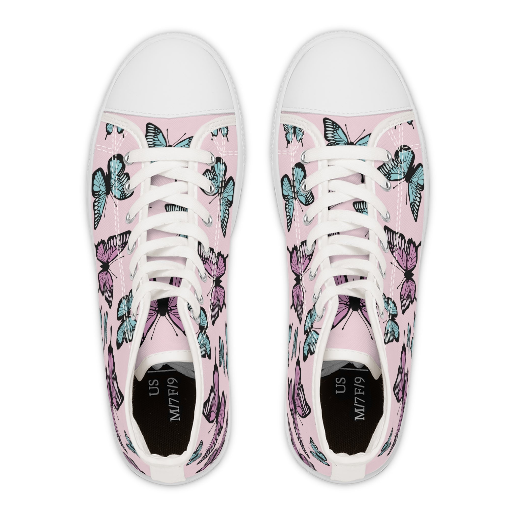 Light Pink Butterfly Pattern High Top Sneakers - Women's Fashion Shoes, Cute Pink Sneaker Boots, Butterfly Print Sneaker Shoes