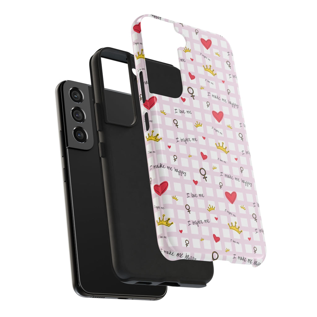Cozy Hearts & Crowns Phone Case, Heart Design Protective Phone Cover, Crown Pattern Tough Case, Girly Phone Accessories, Valentine's Day