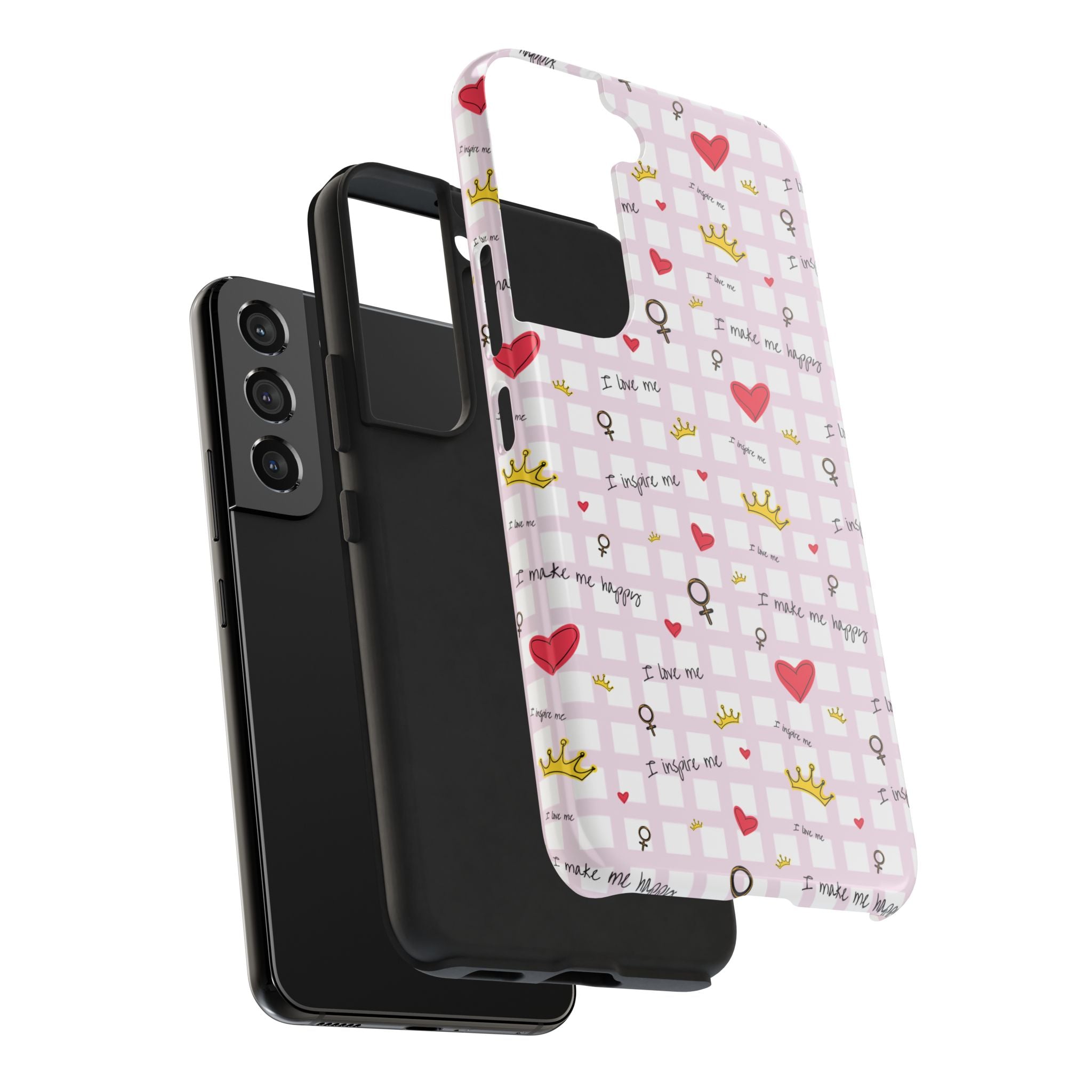 Cozy Hearts & Crowns Phone Case, Heart Design Protective Phone Cover, Crown Pattern Tough Case, Girly Phone Accessories, Valentine's Day