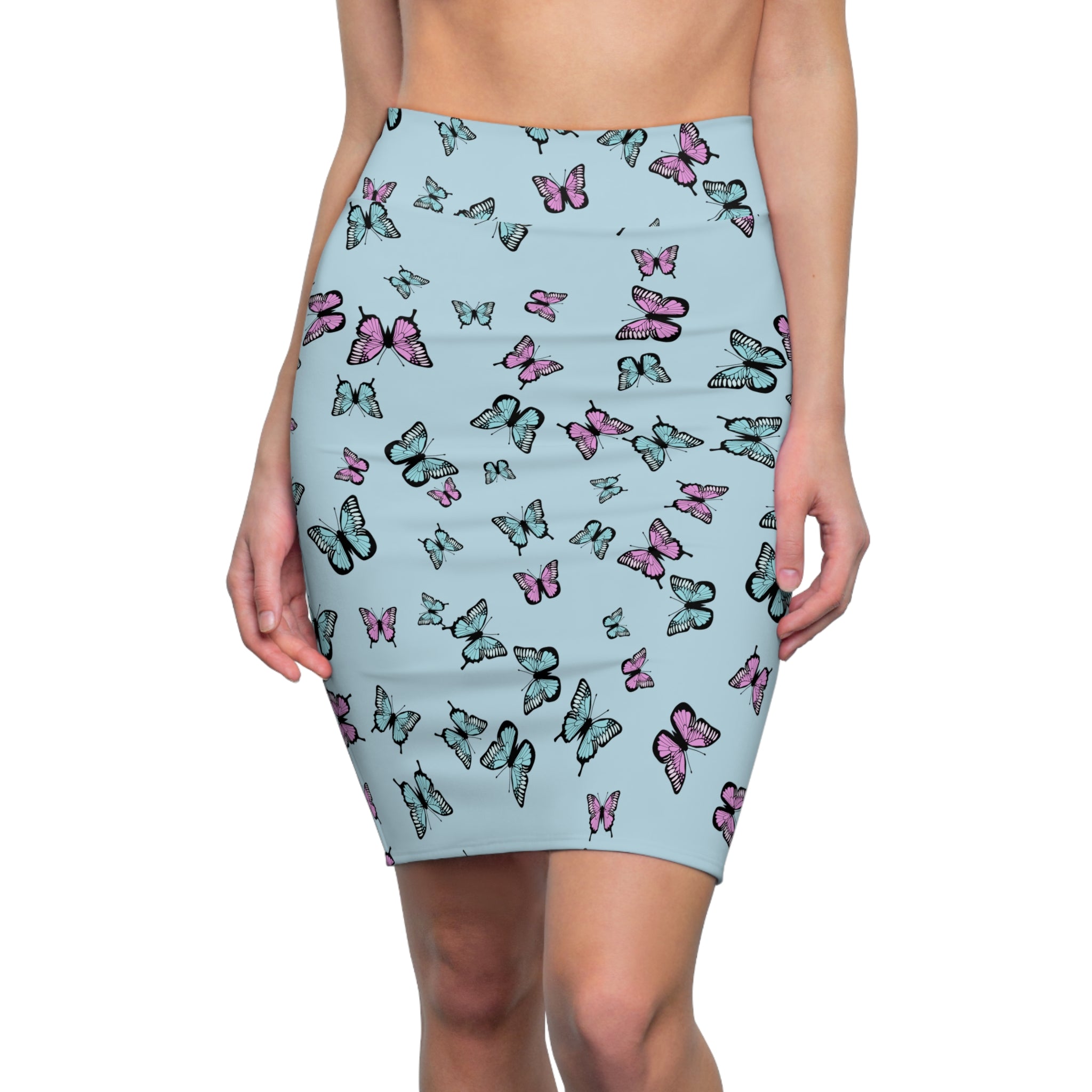 Butterfly Pattern Blue Women's Pencil Skirt - Floral Print Stretchy Midi Skirt, Summer Fashion Apparel, Cute Insect Theme Clothes, Elegant