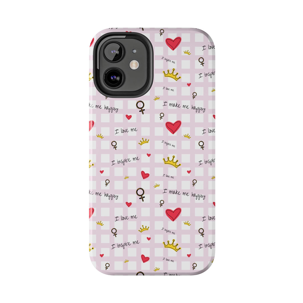 Cozy Hearts & Crowns Phone Case, Heart Design Protective Phone Cover, Crown Pattern Tough Case, Girly Phone Accessories, Valentine's Day