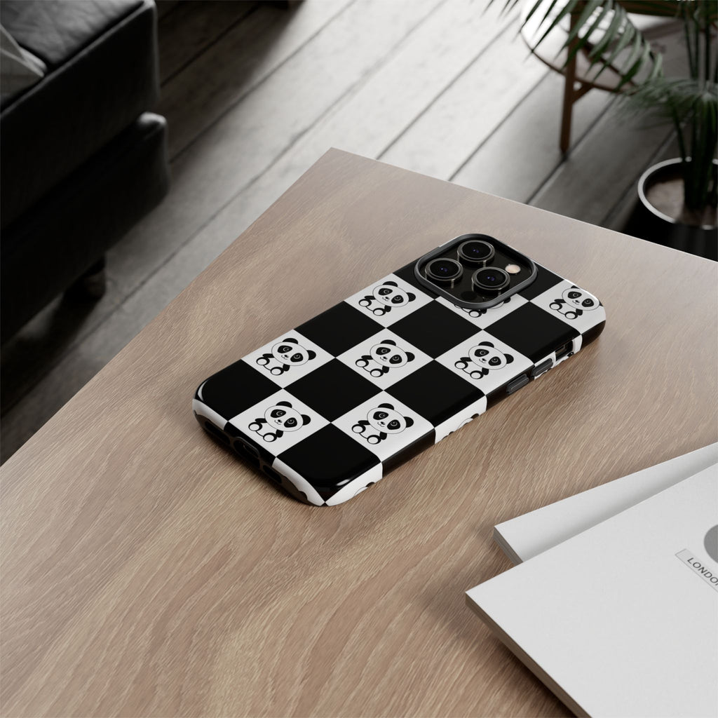 Panda Chessboard Tough Cases, Cute Panda Phone Covers, Chess Pattern iPhone Case, Board Games Phone Accessories, Animal Lover Tech