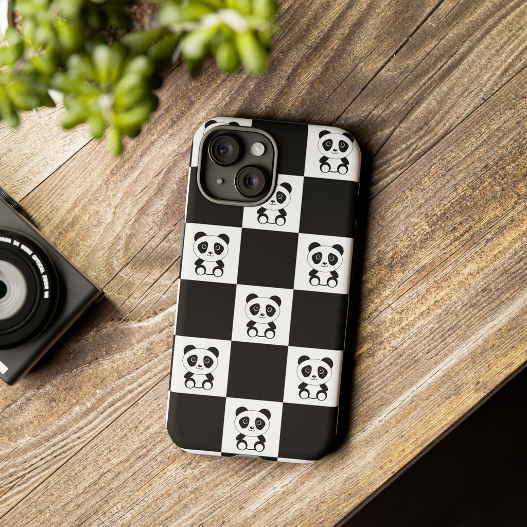 Panda Chessboard Tough Cases, Cute Panda Phone Covers, Chess Pattern iPhone Case, Board Games Phone Accessories, Animal Lover Tech