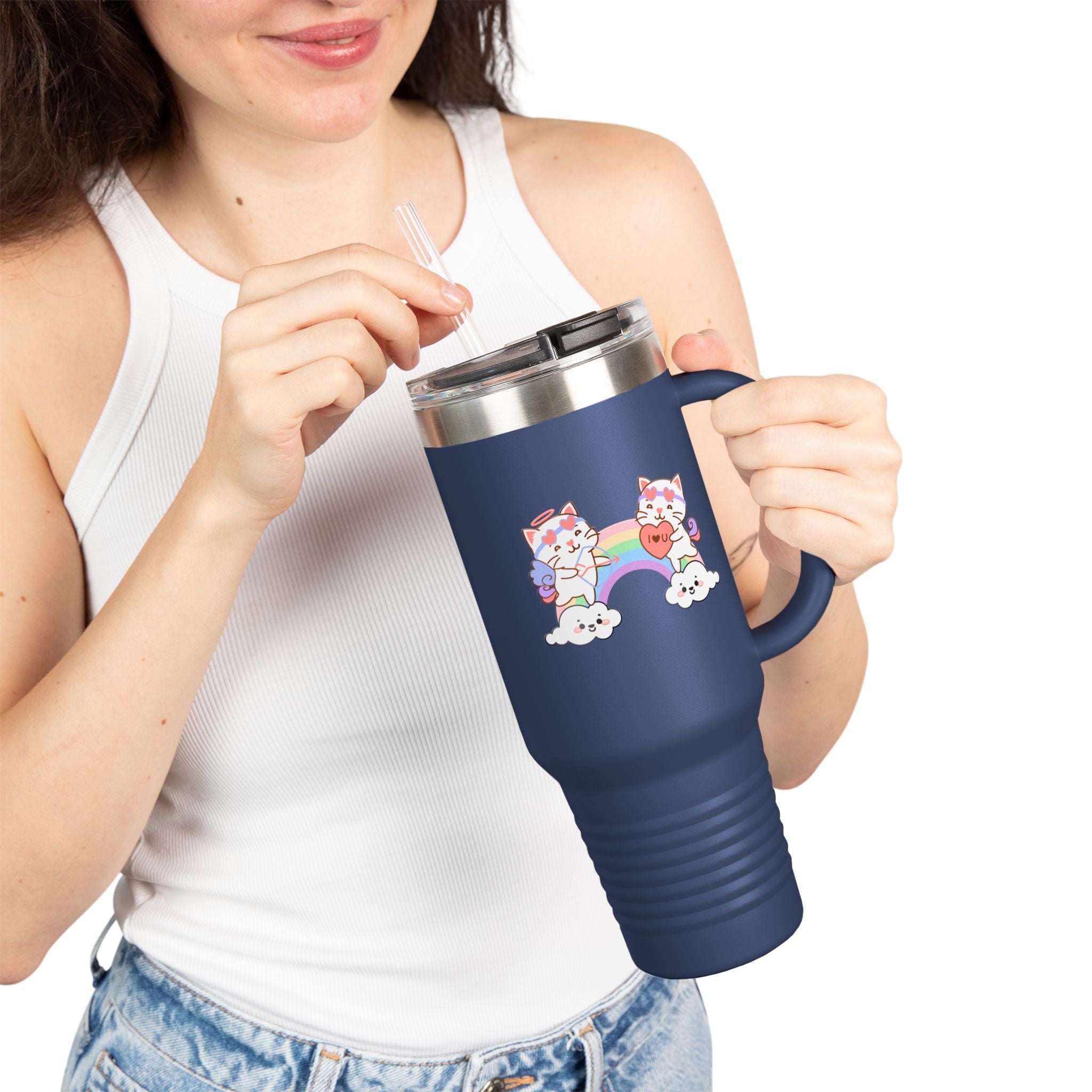 Cupido Cat Rainbow Heart Love Insulated Travel Mug, 40oz - Cute Kitty Space Cup, Valentine's Gift, Coffee Tea Tumbler, Cat Lover Present