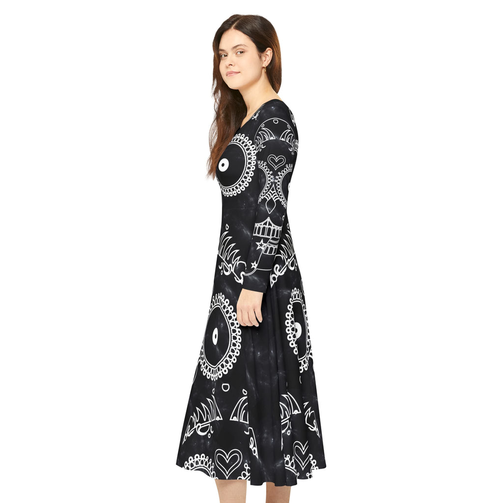 Skulls Dance Dress, Gothic Bones Costume, Halloween Long Sleeve Dress, Spooky Skulls Party Attire, Women's Dancing Outfit