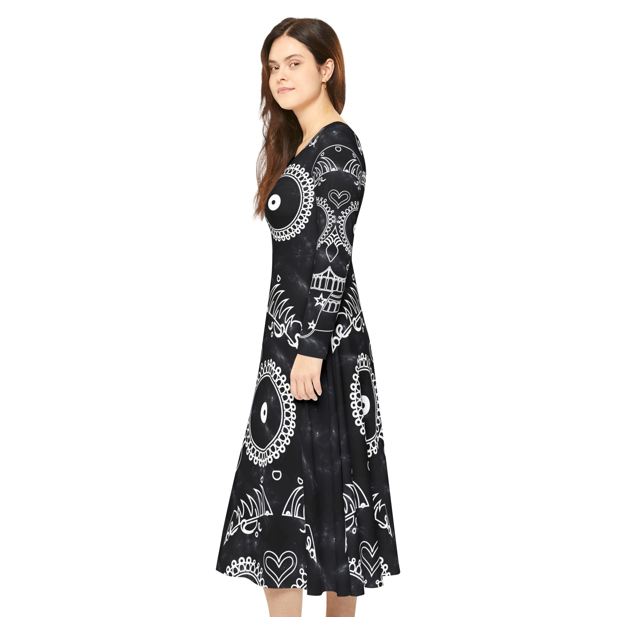 Skulls Dance Dress, Gothic Bones Costume, Halloween Long Sleeve Dress, Spooky Skulls Party Attire, Women's Dancing Outfit