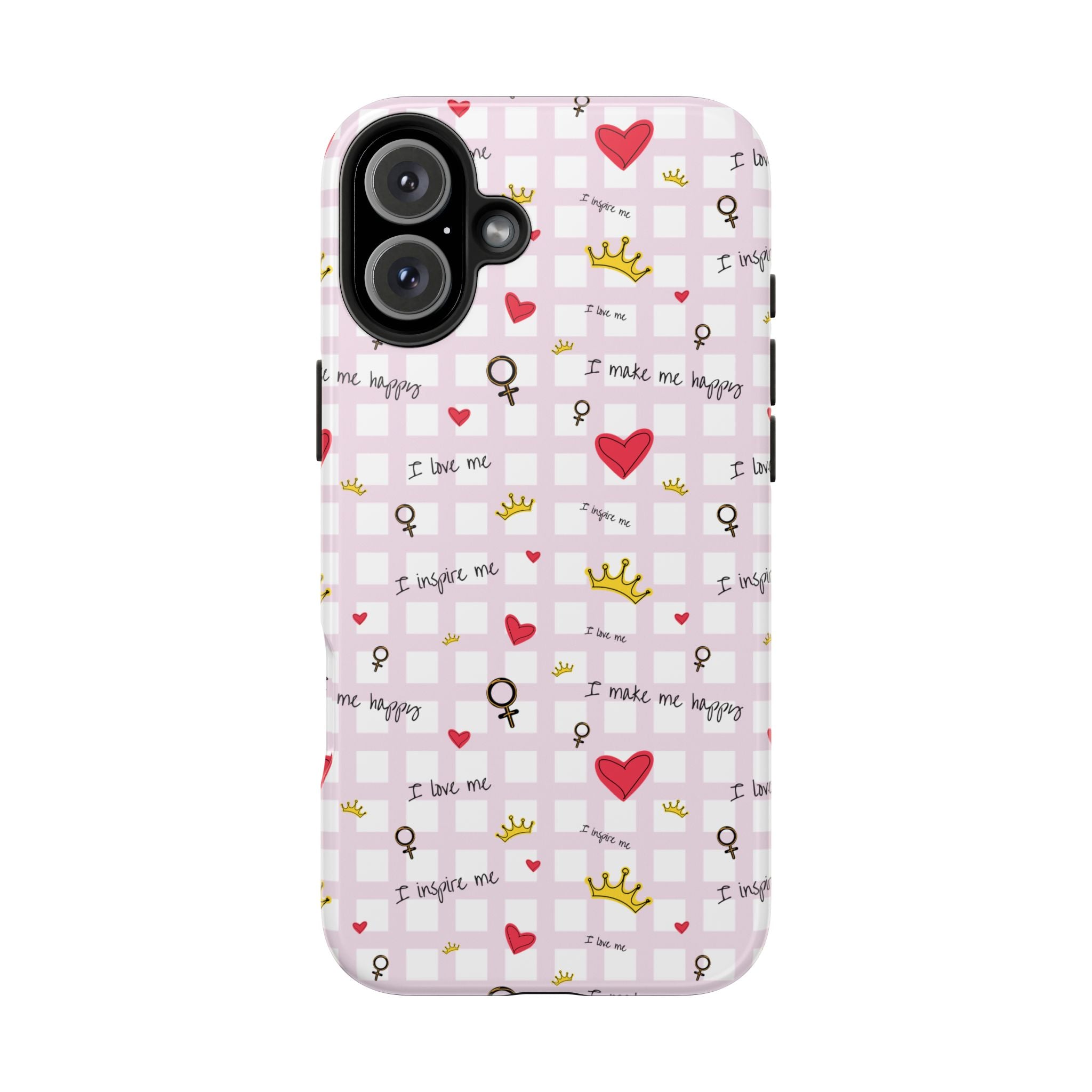 Cozy Hearts & Crowns Phone Case, Heart Design Protective Phone Cover, Crown Pattern Tough Case, Girly Phone Accessories, Valentine's Day