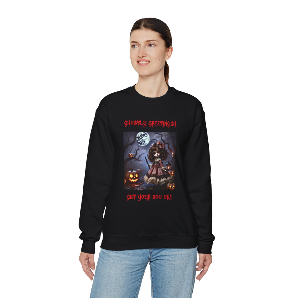 Halloween Doll With a Mix of Scary and Sweet Unisex Heavy Blend™ Crewneck Sweatshirt