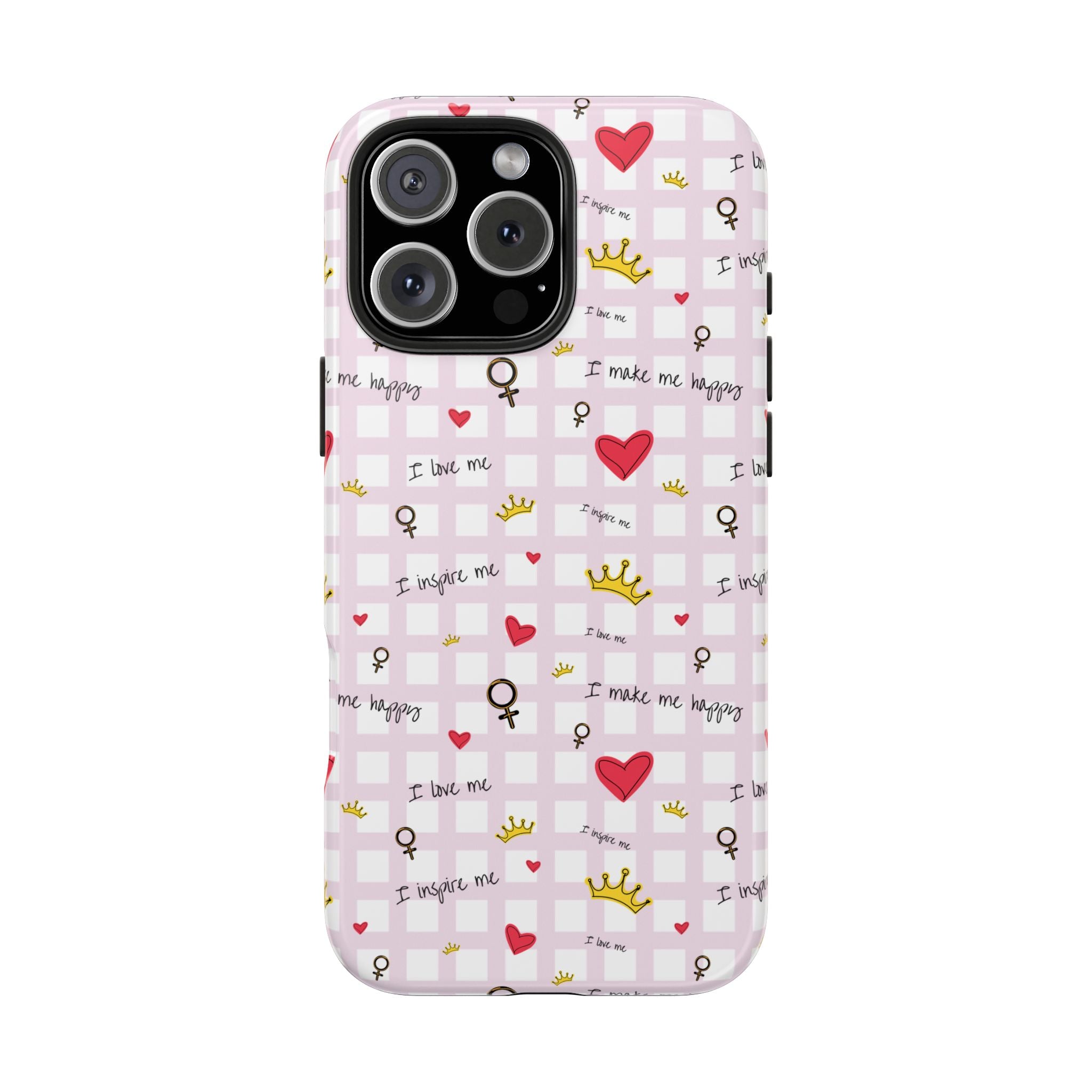 Cozy Hearts & Crowns Phone Case, Heart Design Protective Phone Cover, Crown Pattern Tough Case, Girly Phone Accessories, Valentine's Day