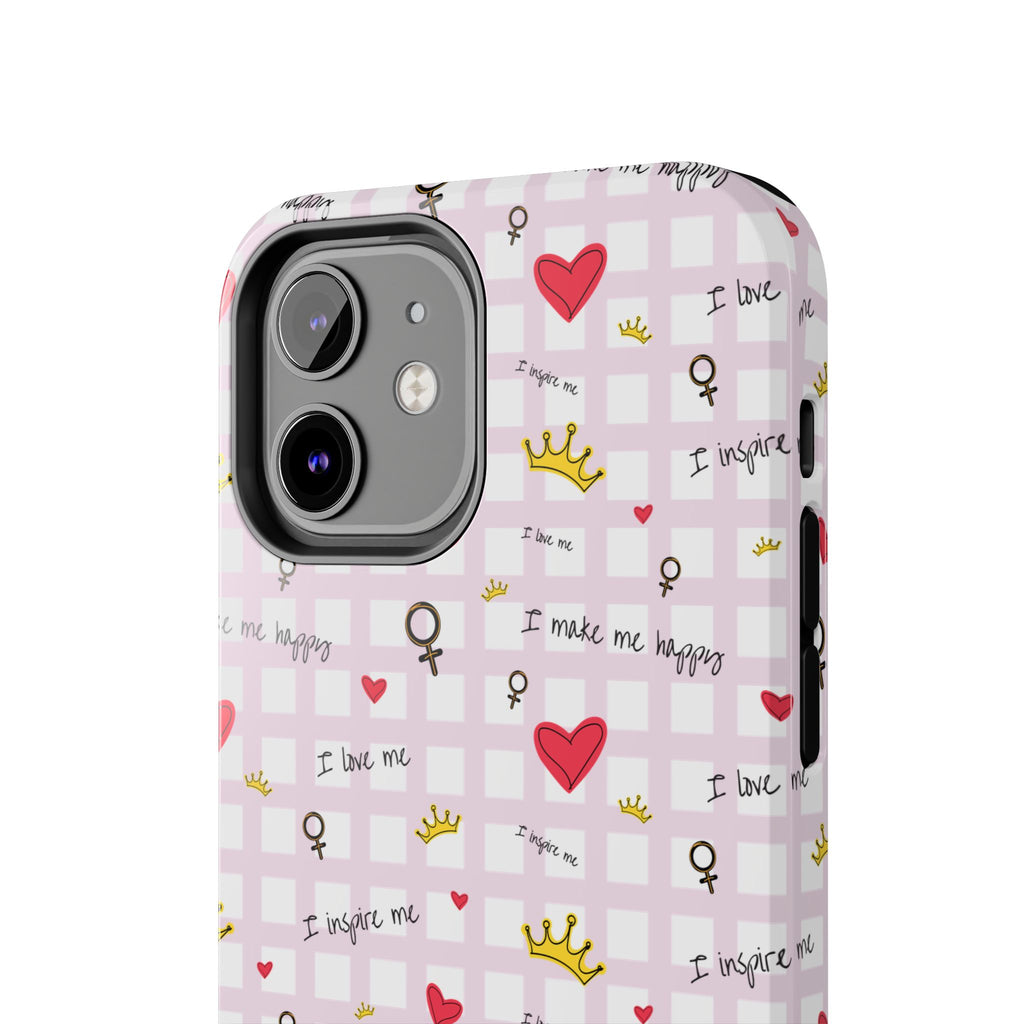 Cozy Hearts & Crowns Phone Case, Heart Design Protective Phone Cover, Crown Pattern Tough Case, Girly Phone Accessories, Valentine's Day