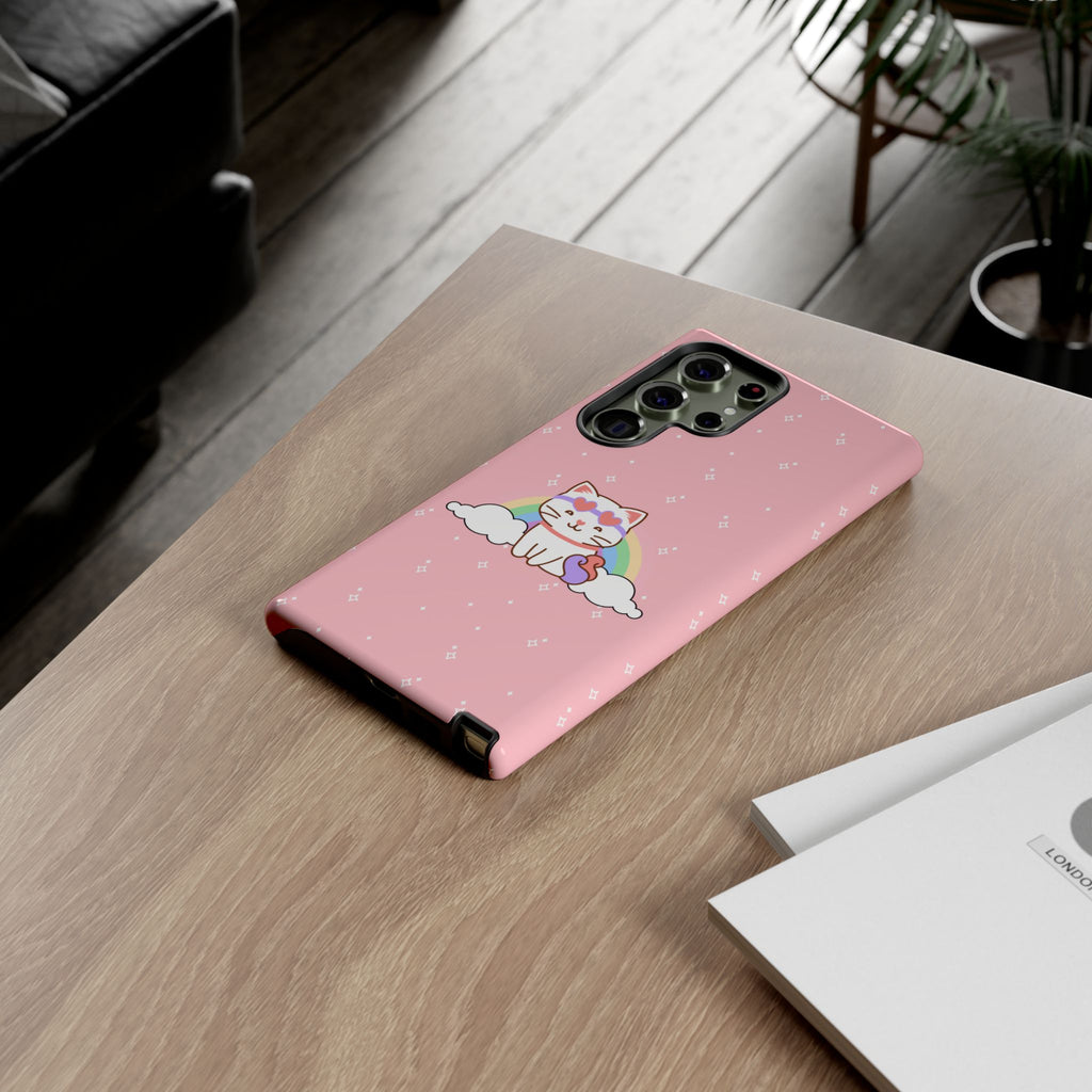 Kawaii Cat Rainbow Tough Cases, Cute Kitty Phone Cover, Protective Phone Case, Adorable Cat Lover Gift, Fun Rainbow Cat Phone Accessories