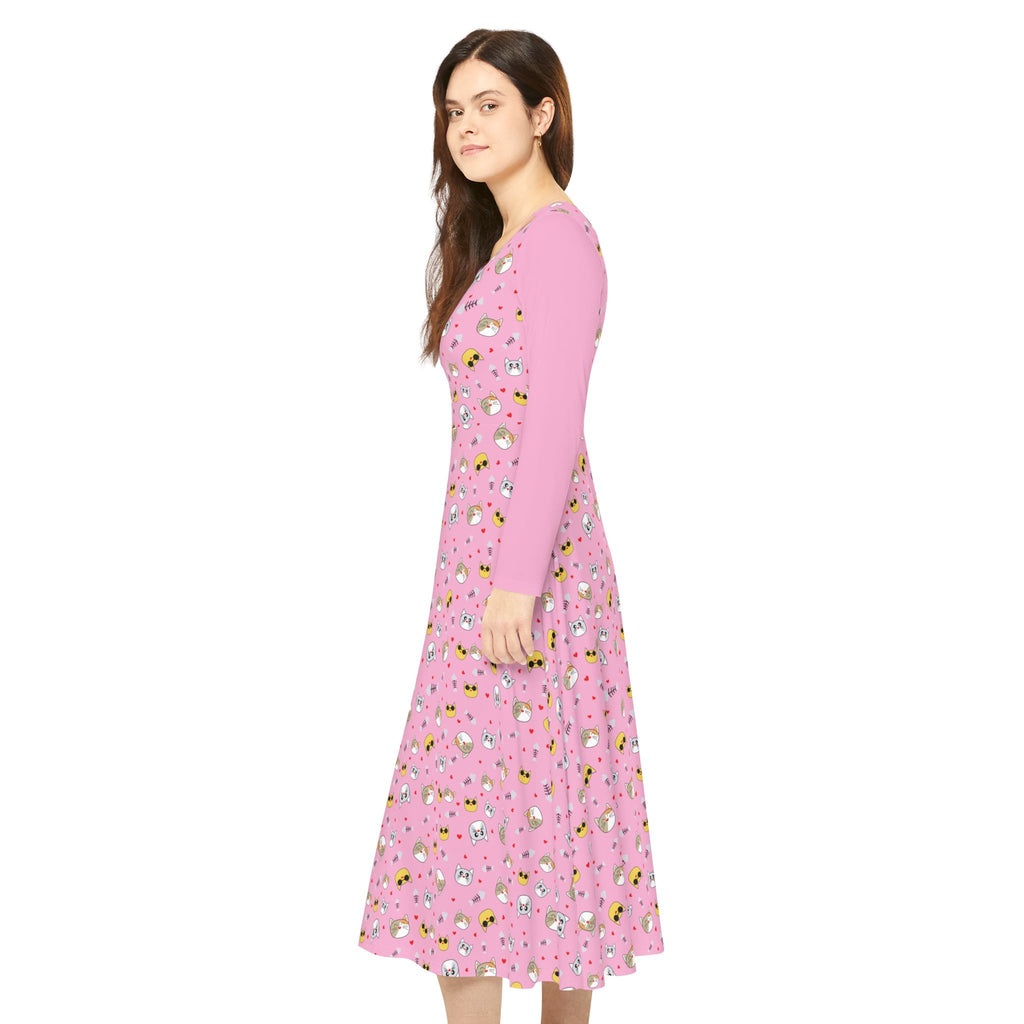 Cool Cats Pattern Pink Women's Long Sleeve Dress