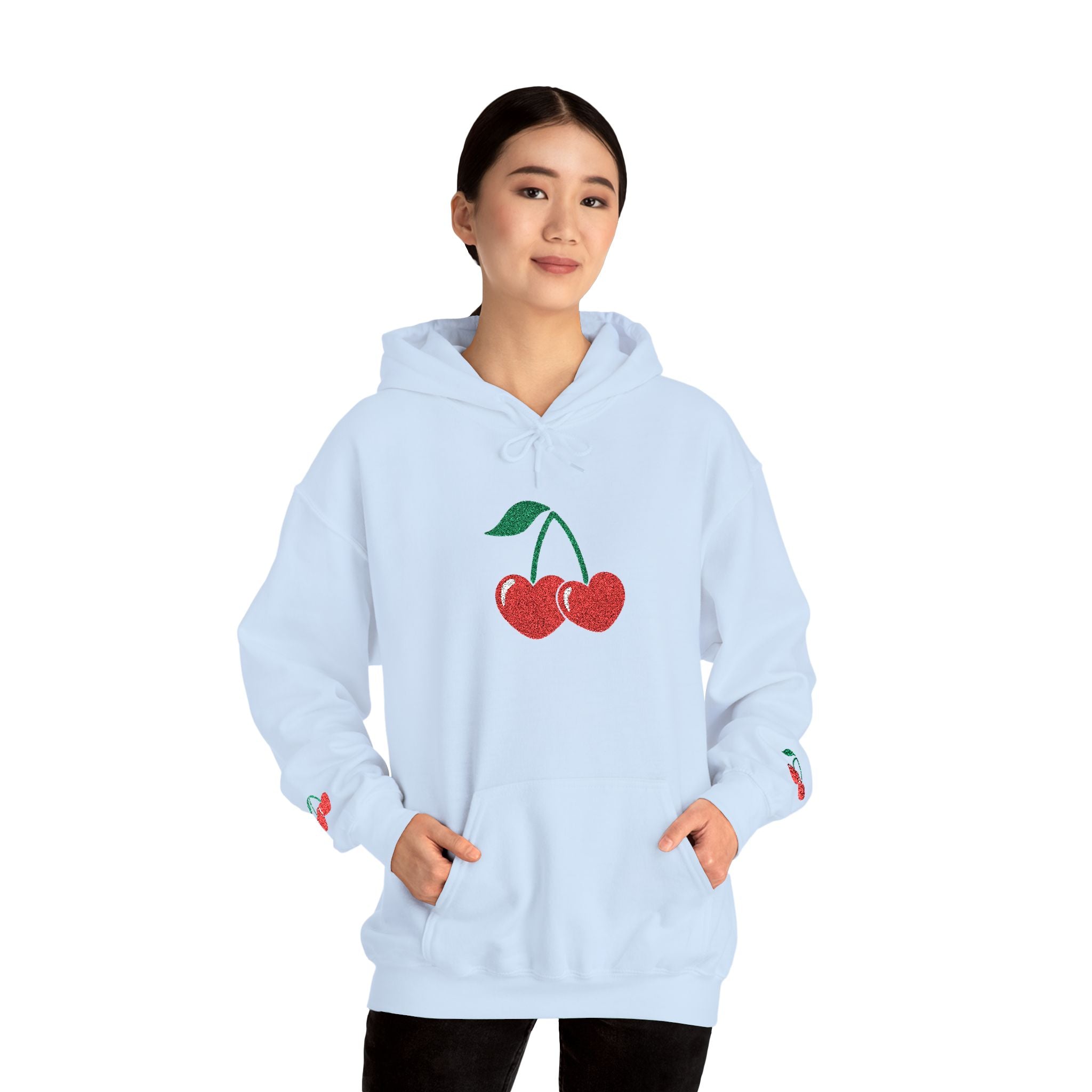 Cherry Heart Embroidered Hoodie — Heart Cherry Graphic Hooded Sweatshirt