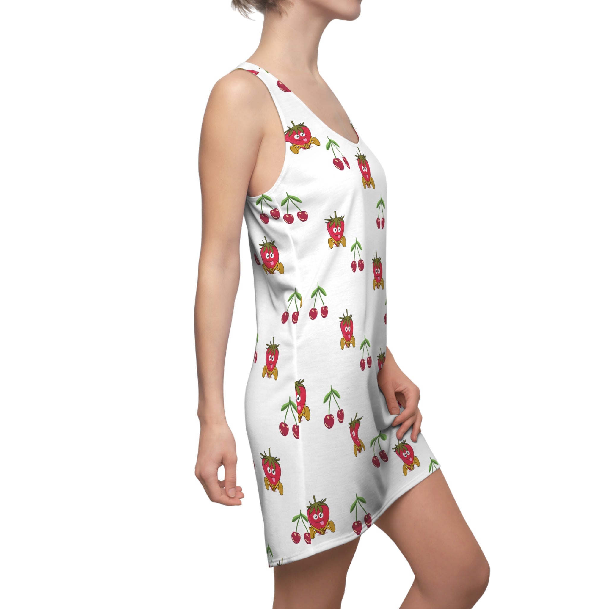 Fruit Print Dress, Summer Racerback Dress, Strawberry Cherry Sleeveless Dress, Women's Garden Party Outfit, Floral Summer Dress