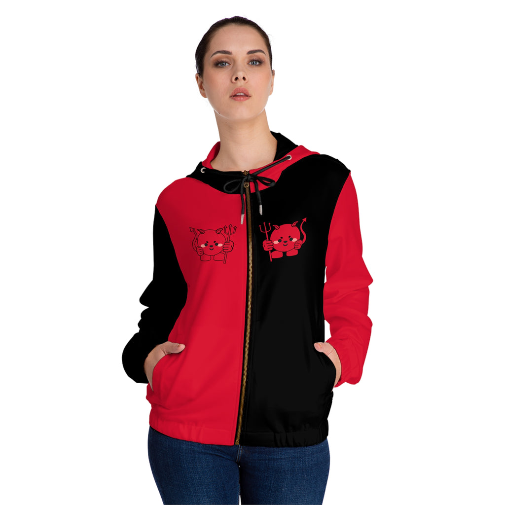 Kawaii Devil Full-Zip Hoodie, Red and Black Women's Sweatshirt