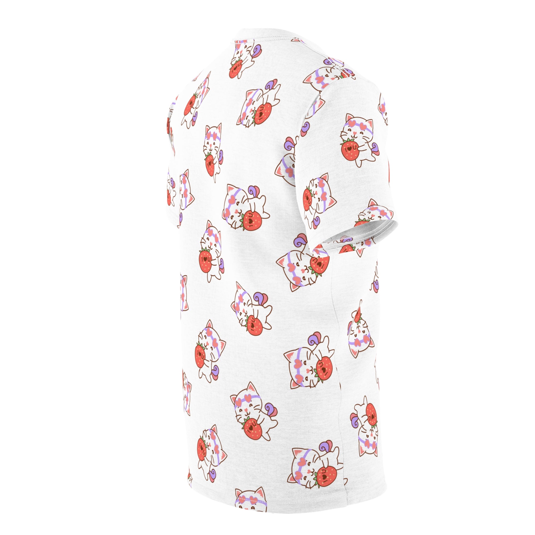 Cute Cat with Strawberry I Love you T-Shirt, Funny Cat Lover Tee, Graphic Cat Shirt, Kawaii Kitty Top, Cat and Fruit Design