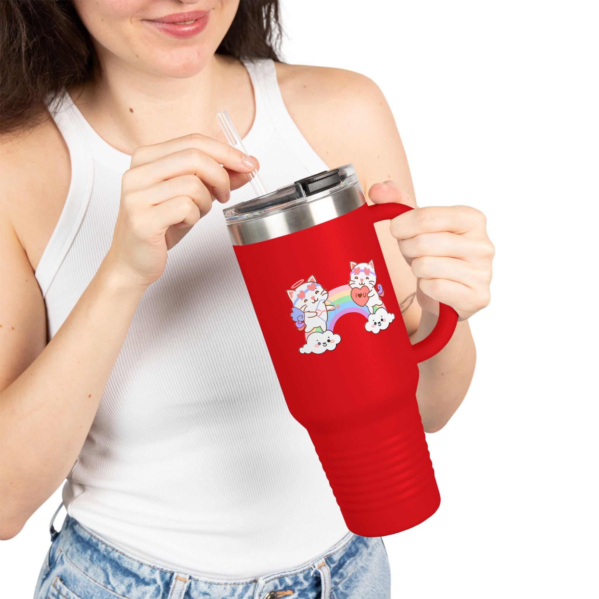 Cupido Cat Rainbow Heart Love Insulated Travel Mug, 40oz - Cute Kitty Space Cup, Valentine's Gift, Coffee Tea Tumbler, Cat Lover Present