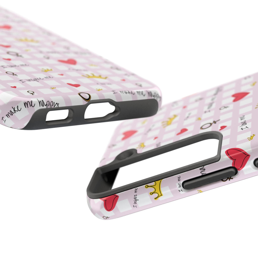 Cozy Hearts & Crowns Phone Case, Heart Design Protective Phone Cover, Crown Pattern Tough Case, Girly Phone Accessories, Valentine's Day