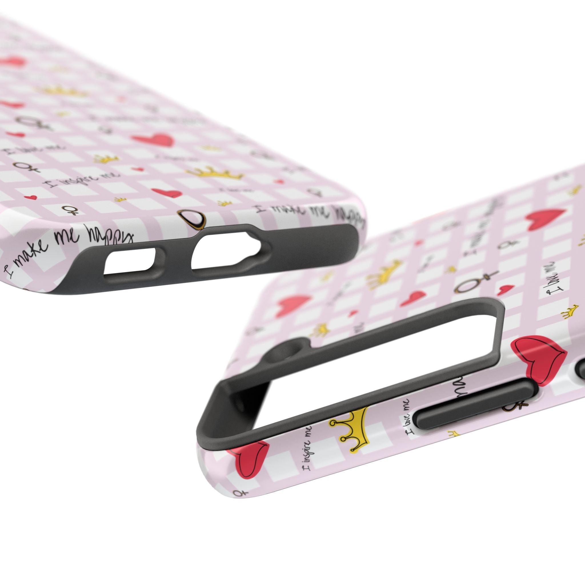 Cozy Hearts & Crowns Phone Case, Heart Design Protective Phone Cover, Crown Pattern Tough Case, Girly Phone Accessories, Valentine's Day