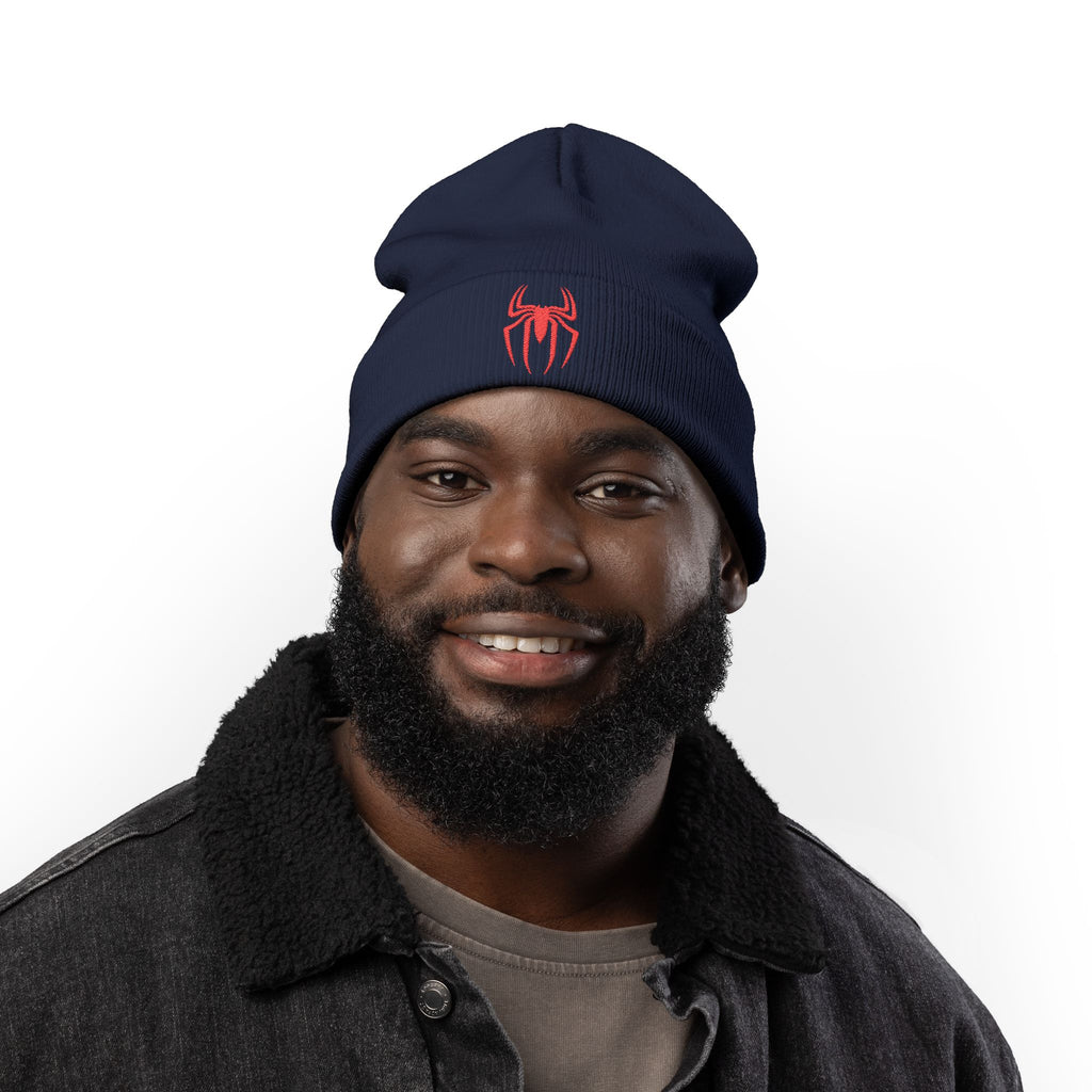 Embroidered Black Spider Knit Beanie — Halloween Spider Hat