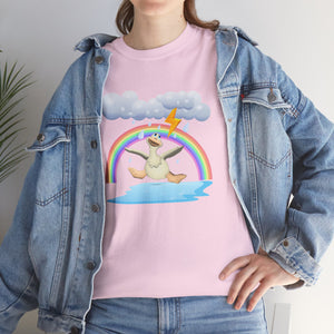 Crazy duck in rainy weather with rainbows and lightning Heavy Cotton Tee