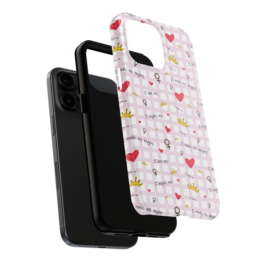 Cozy Hearts & Crowns Phone Case, Heart Design Protective Phone Cover, Crown Pattern Tough Case, Girly Phone Accessories, Valentine's Day