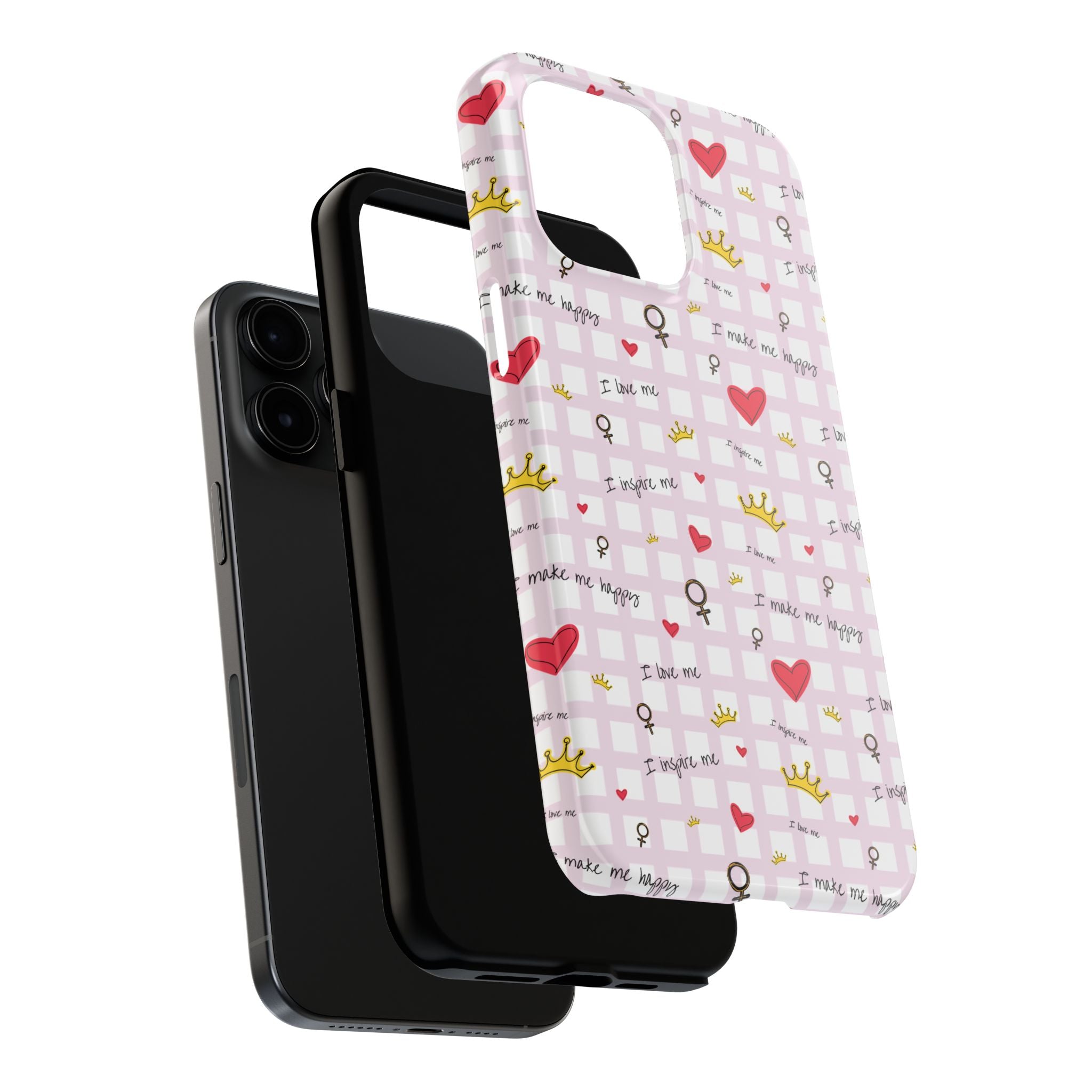 Cozy Hearts & Crowns Phone Case, Heart Design Protective Phone Cover, Crown Pattern Tough Case, Girly Phone Accessories, Valentine's Day