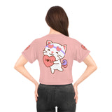 Kawaii Cat with Heart Crop Tee, Cute Kitty Graphic Tee, Pet Lover Gift Top, Short Sleeve Shirt, Animal Print Clothing, Women's Casual Wear