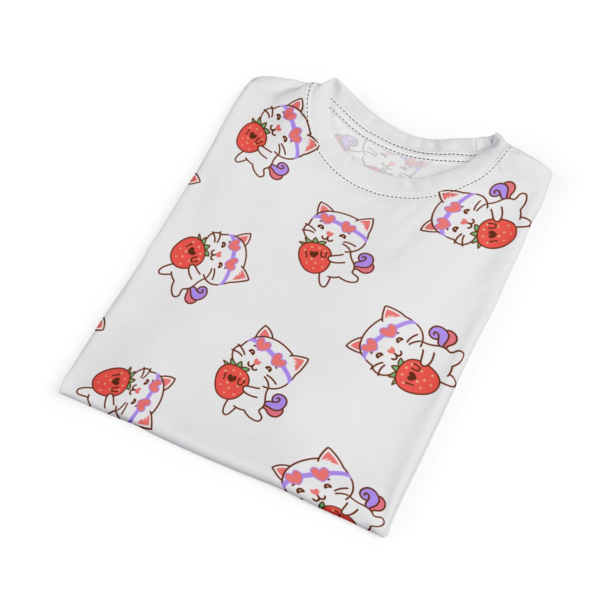 Cute Cat with Strawberry I Love you T-Shirt, Funny Cat Lover Tee, Graphic Cat Shirt, Kawaii Kitty Top, Cat and Fruit Design