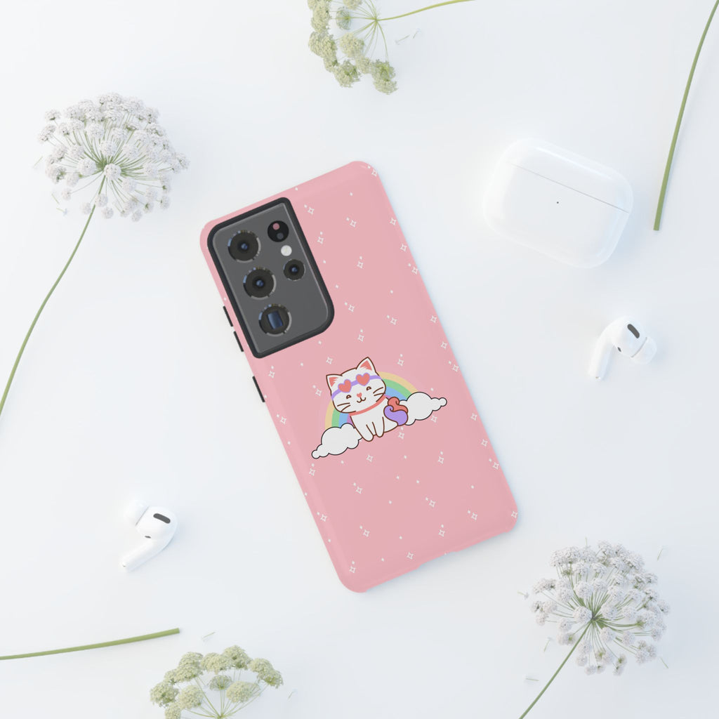 Kawaii Cat Rainbow Tough Cases, Cute Kitty Phone Cover, Protective Phone Case, Adorable Cat Lover Gift, Fun Rainbow Cat Phone Accessories