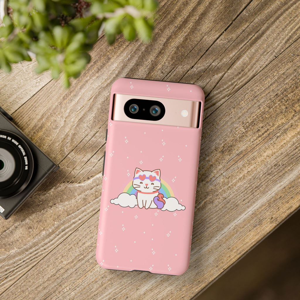 Kawaii Cat Rainbow Tough Cases, Cute Kitty Phone Cover, Protective Phone Case, Adorable Cat Lover Gift, Fun Rainbow Cat Phone Accessories