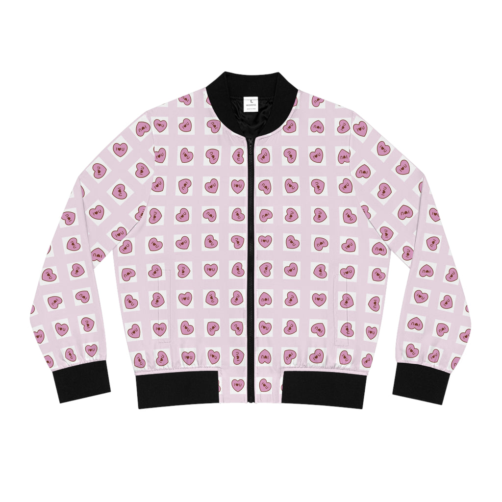 Rosa Grid Women's Bomber Jacket, I Love You Hearts, Valentine's Day Outerwear, Romantic Clothing, Pink Grid Jacket, Gift for Her